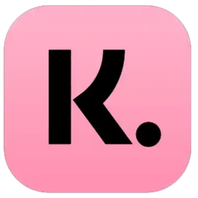 Een roze vierkant app-icoon met een zwarte letter ’K’ en een punt.